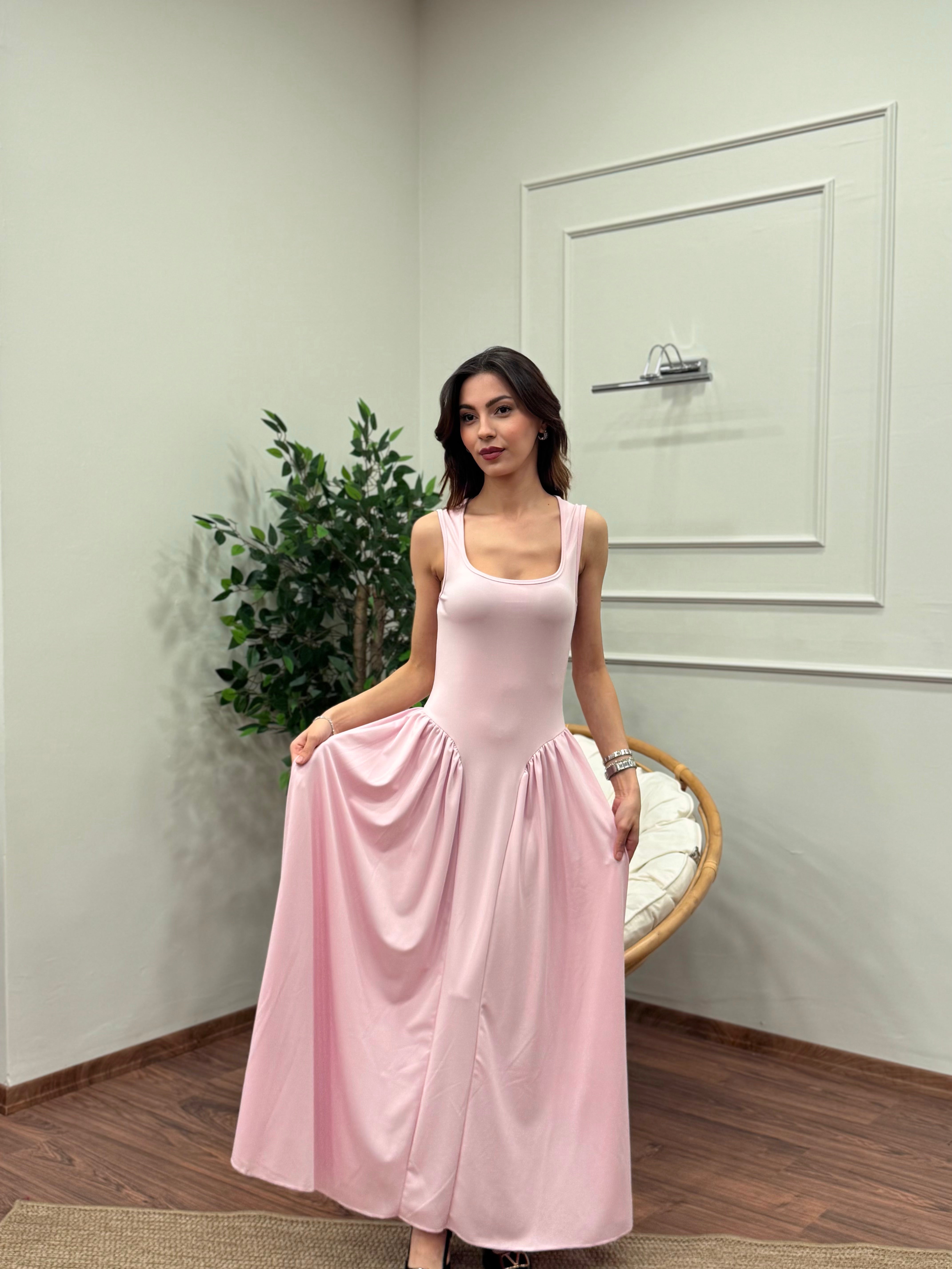 Amore Bele Oturan Pembe Balon Elbise