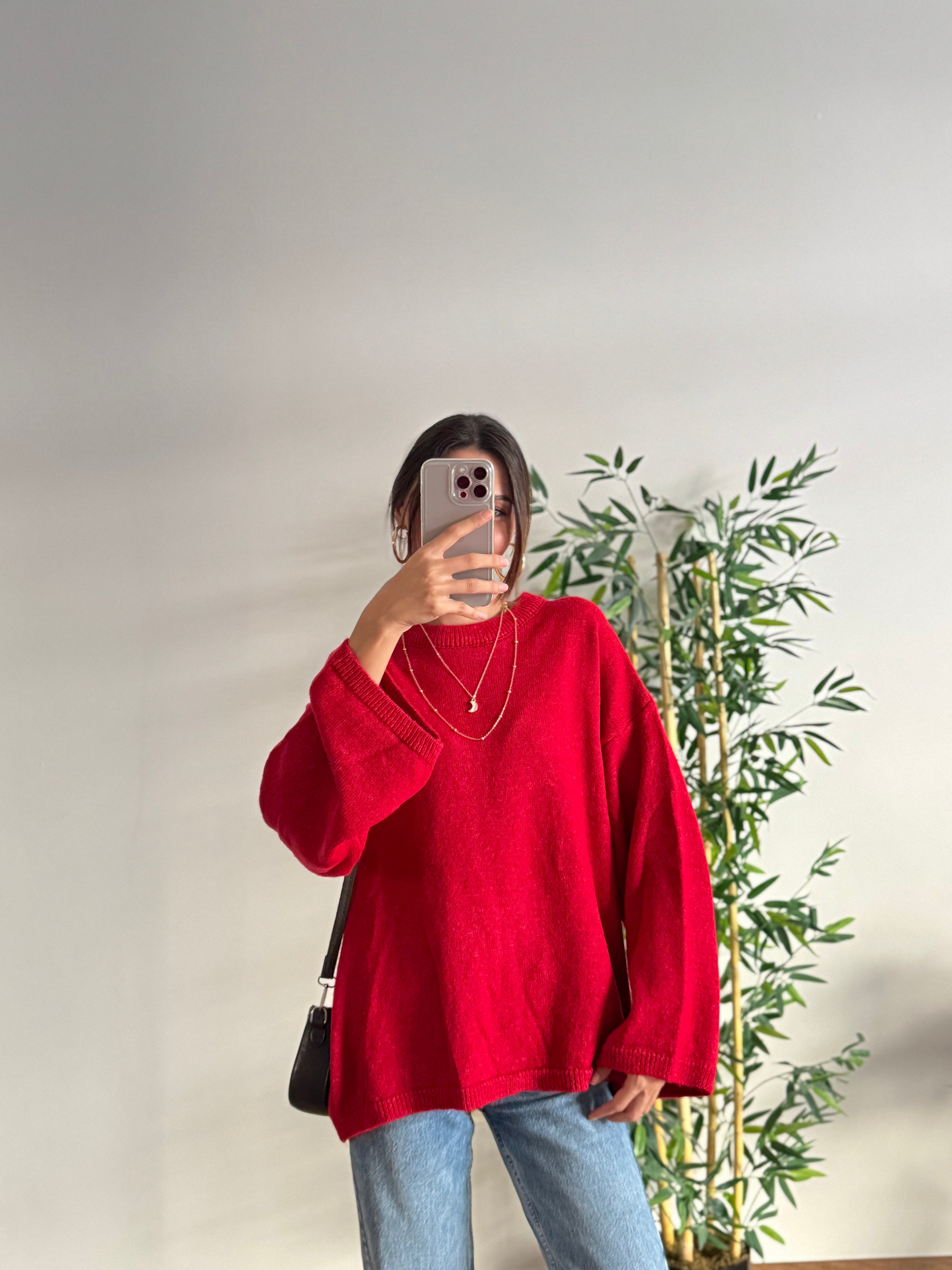 Oversize Bisiklet Yaka Pinterest Kırmızı Kazak