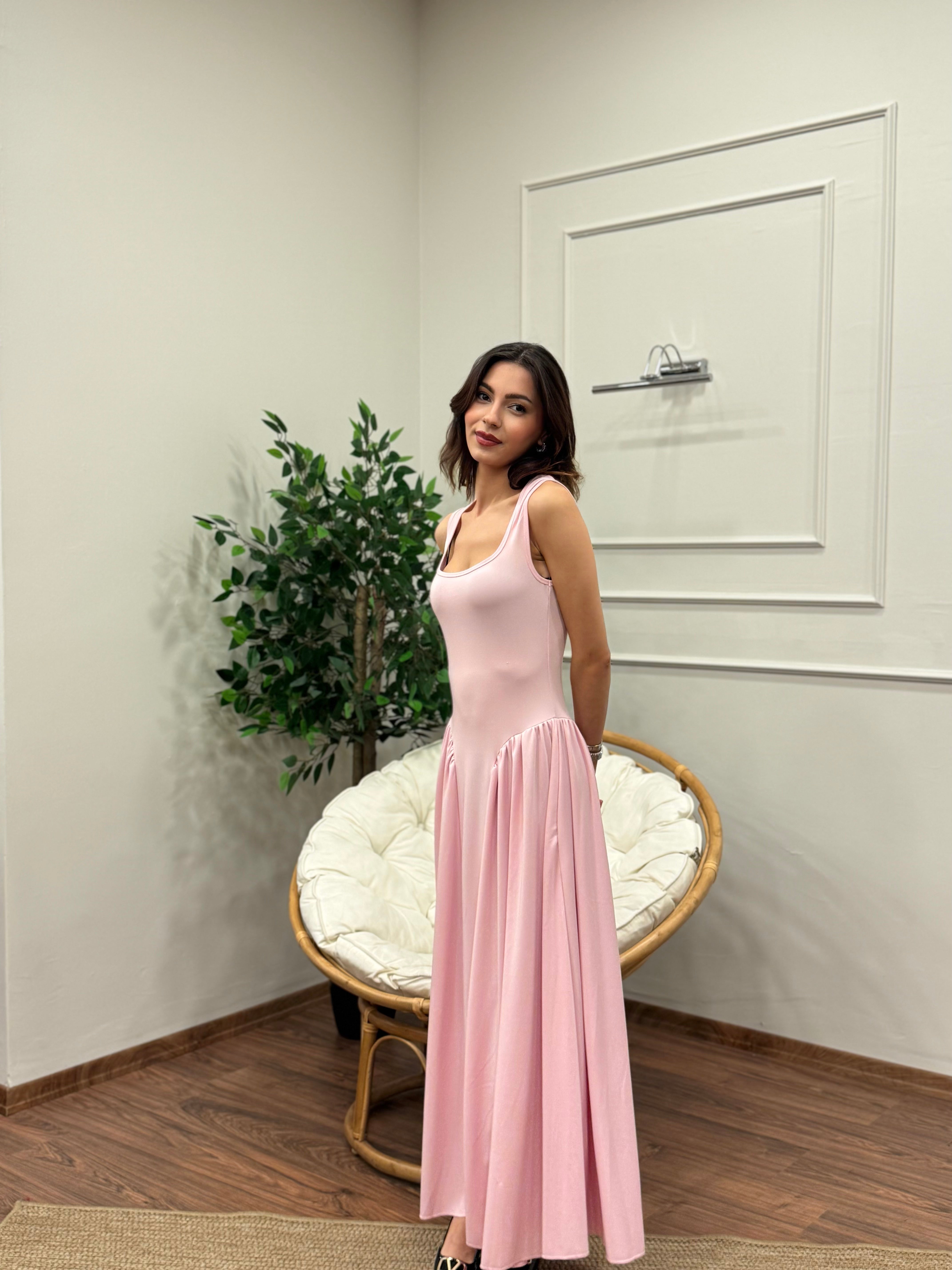 Amore Bele Oturan Pembe Balon Elbise