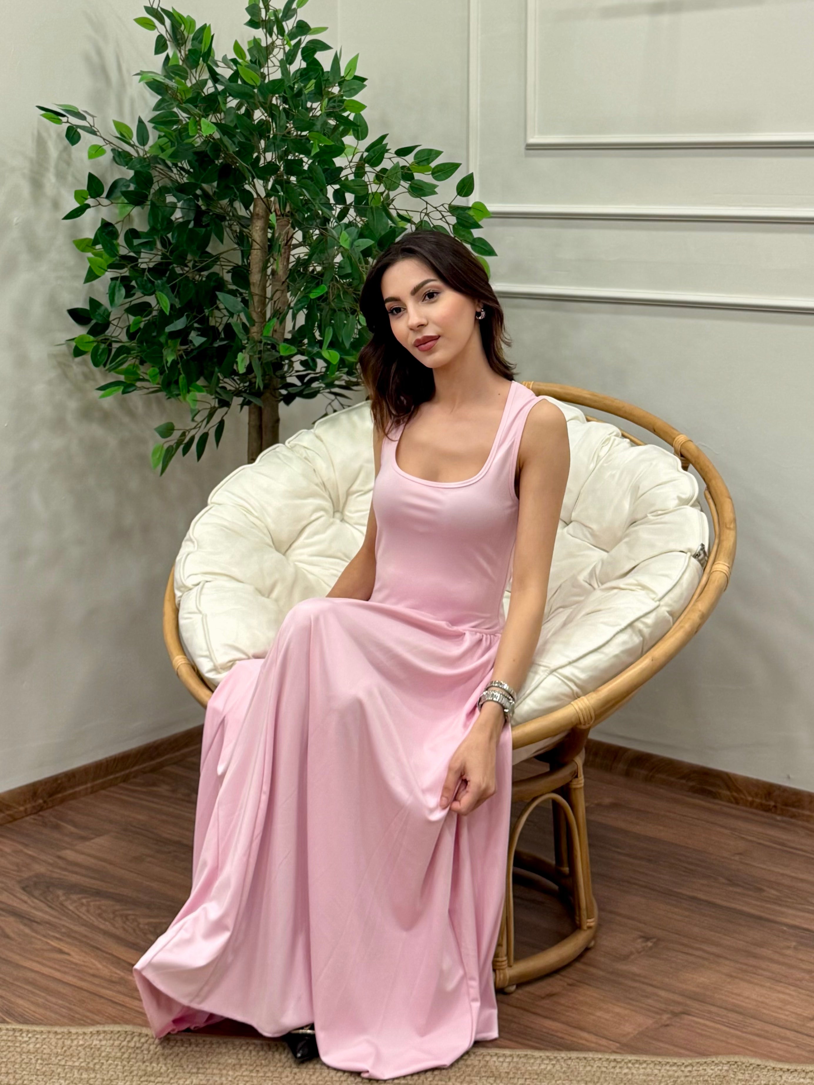 Amore Bele Oturan Pembe Balon Elbise