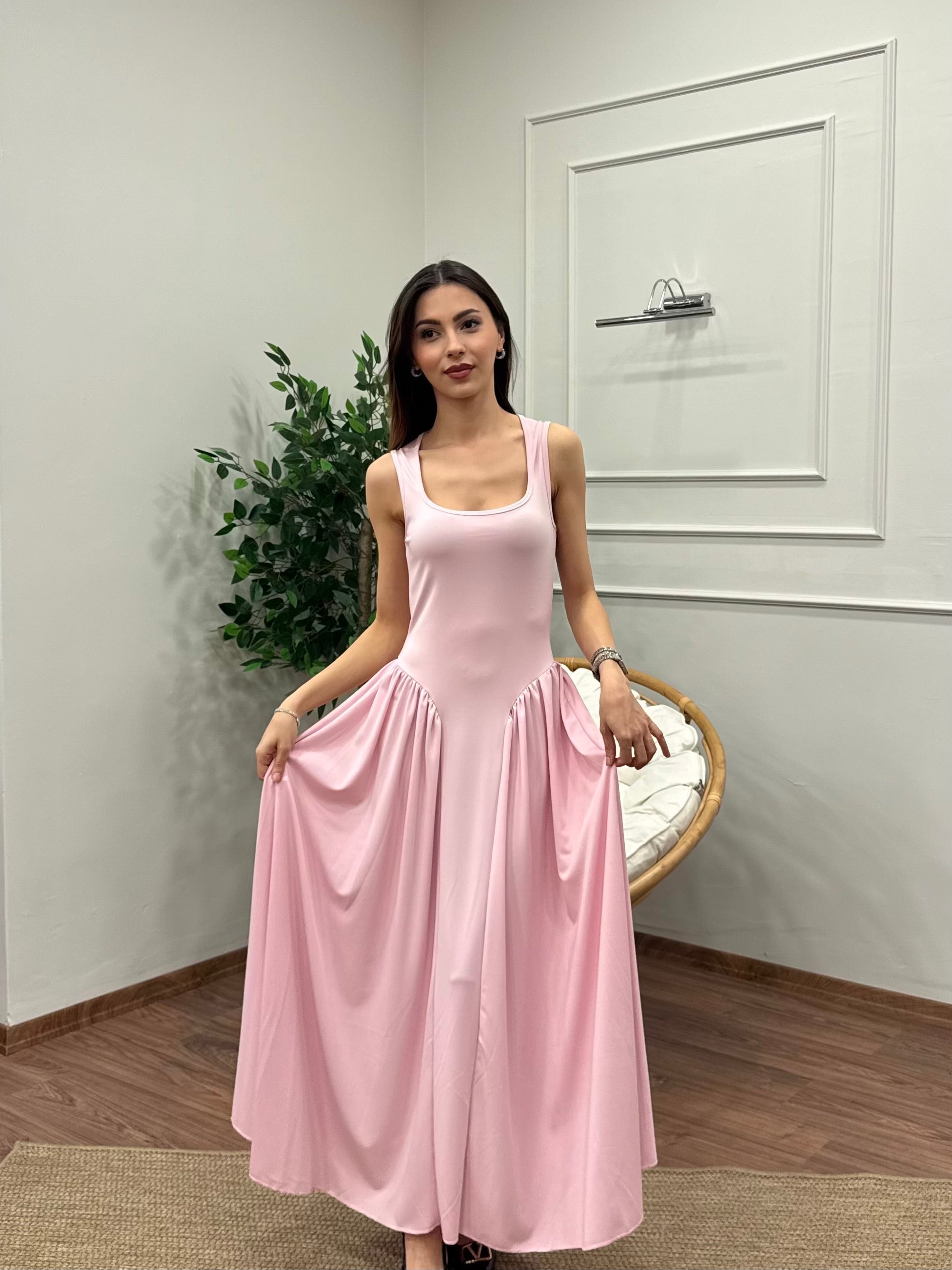 Amore Bele Oturan Pembe Balon Elbise