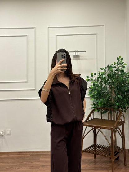 Nora Paraşüt Kumaş Detay Kahverengi Takım