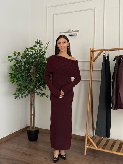 Elodi Kayık Yaka Triko Bordo Elbise