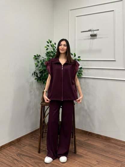 Nora Paraşüt Kumaş Detay Bordo Takım