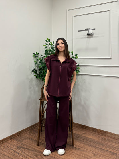 Nora Paraşüt Kumaş Detay Bordo Takım