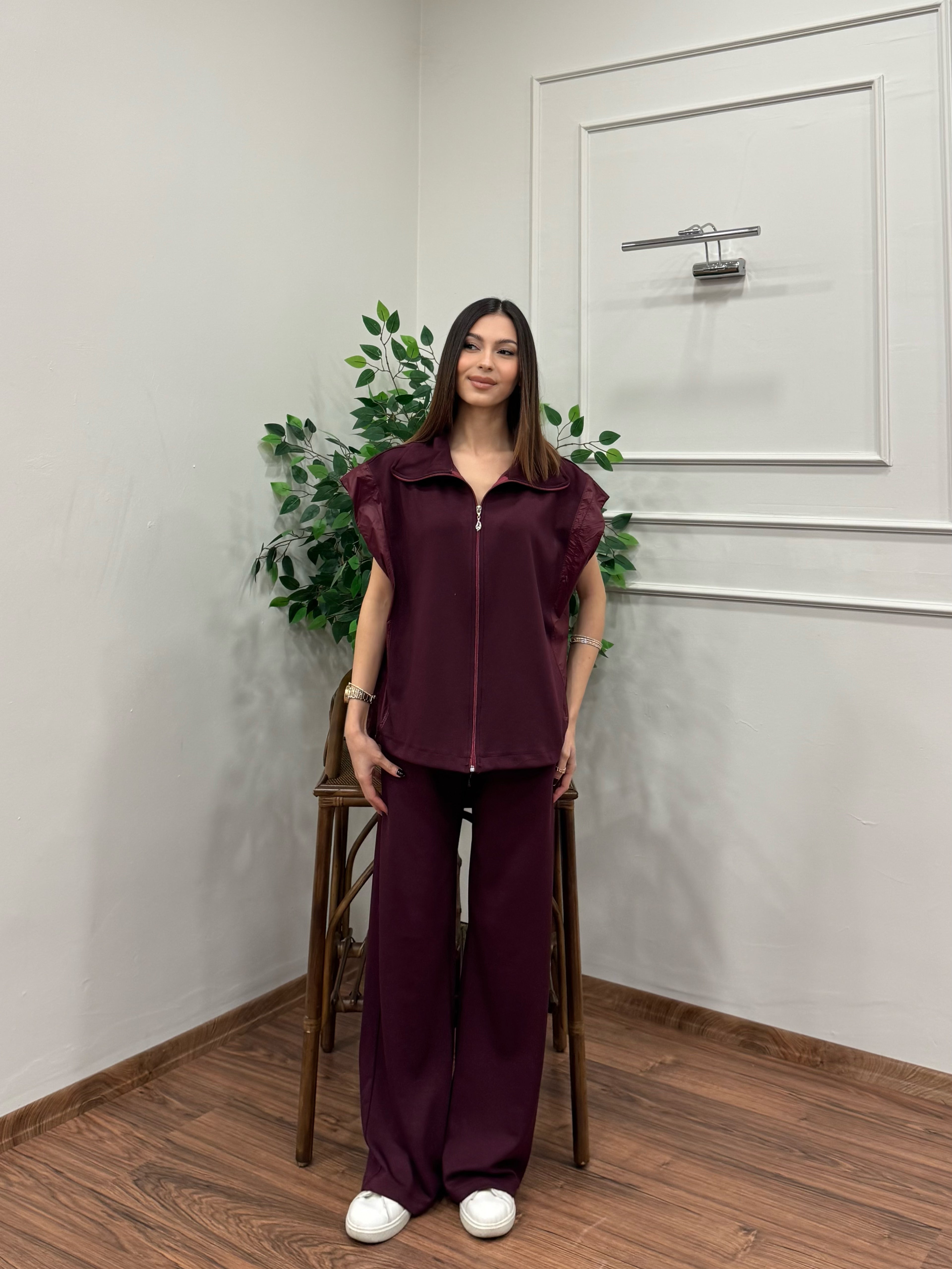 Nora Paraşüt Kumaş Detay Bordo Takım
