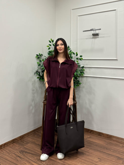 Nora Paraşüt Kumaş Detay Bordo Takım