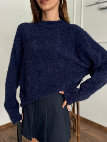 Sakallı Yarasa Kol Lacivert Kazak