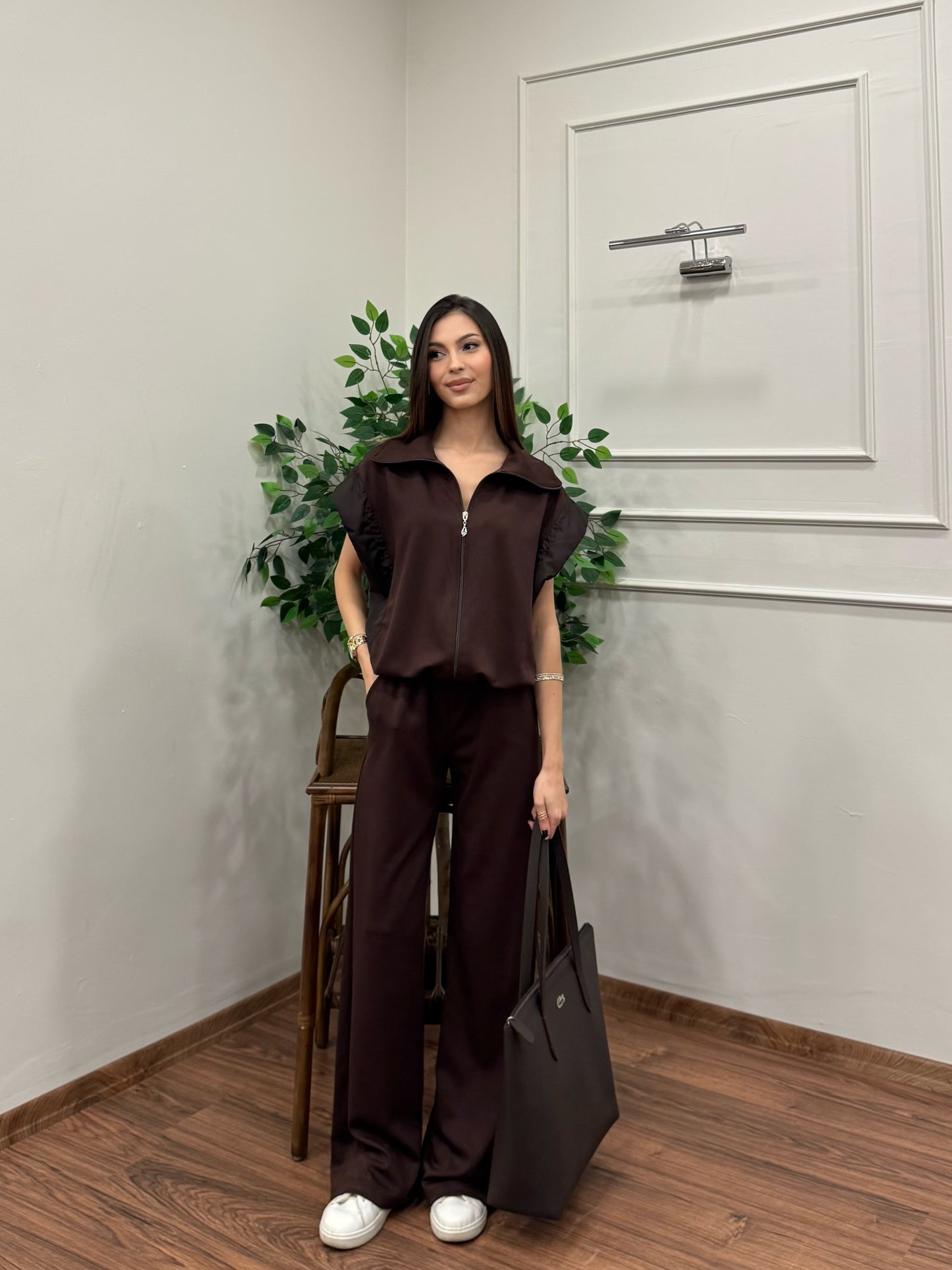 Nora Paraşüt Kumaş Detay Kahverengi Takım