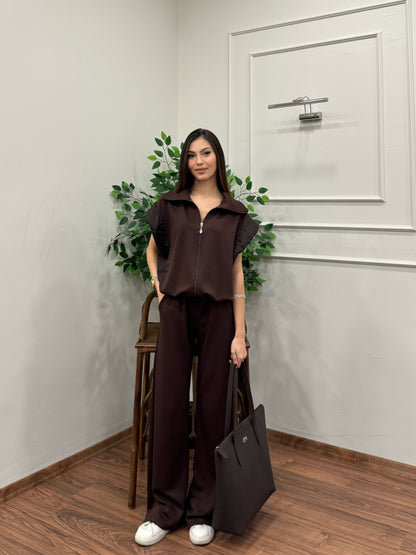 Nora Paraşüt Kumaş Detay Kahverengi Takım