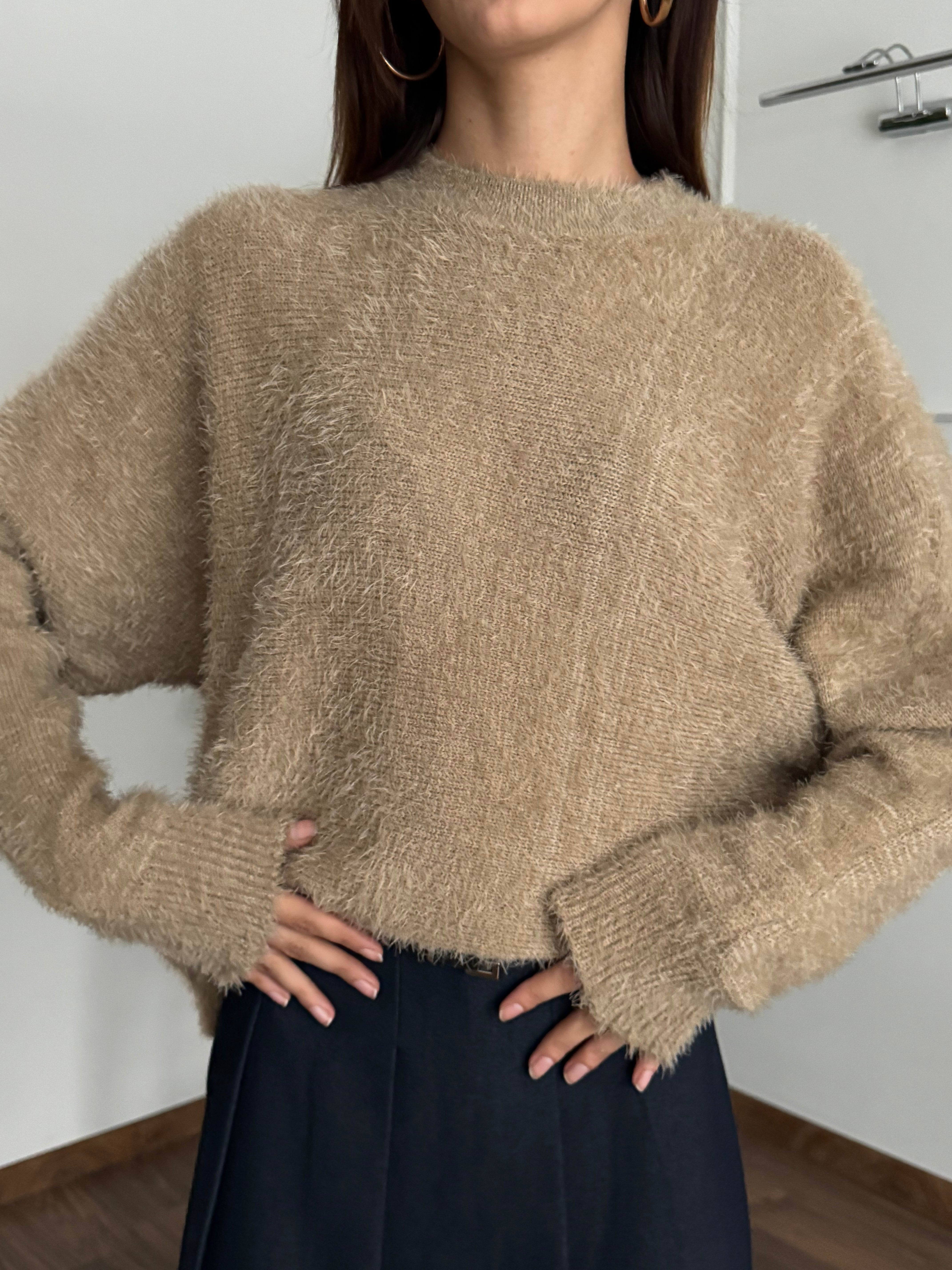 Sakallı Yarasa Kol Sütlü Kahve Kazak