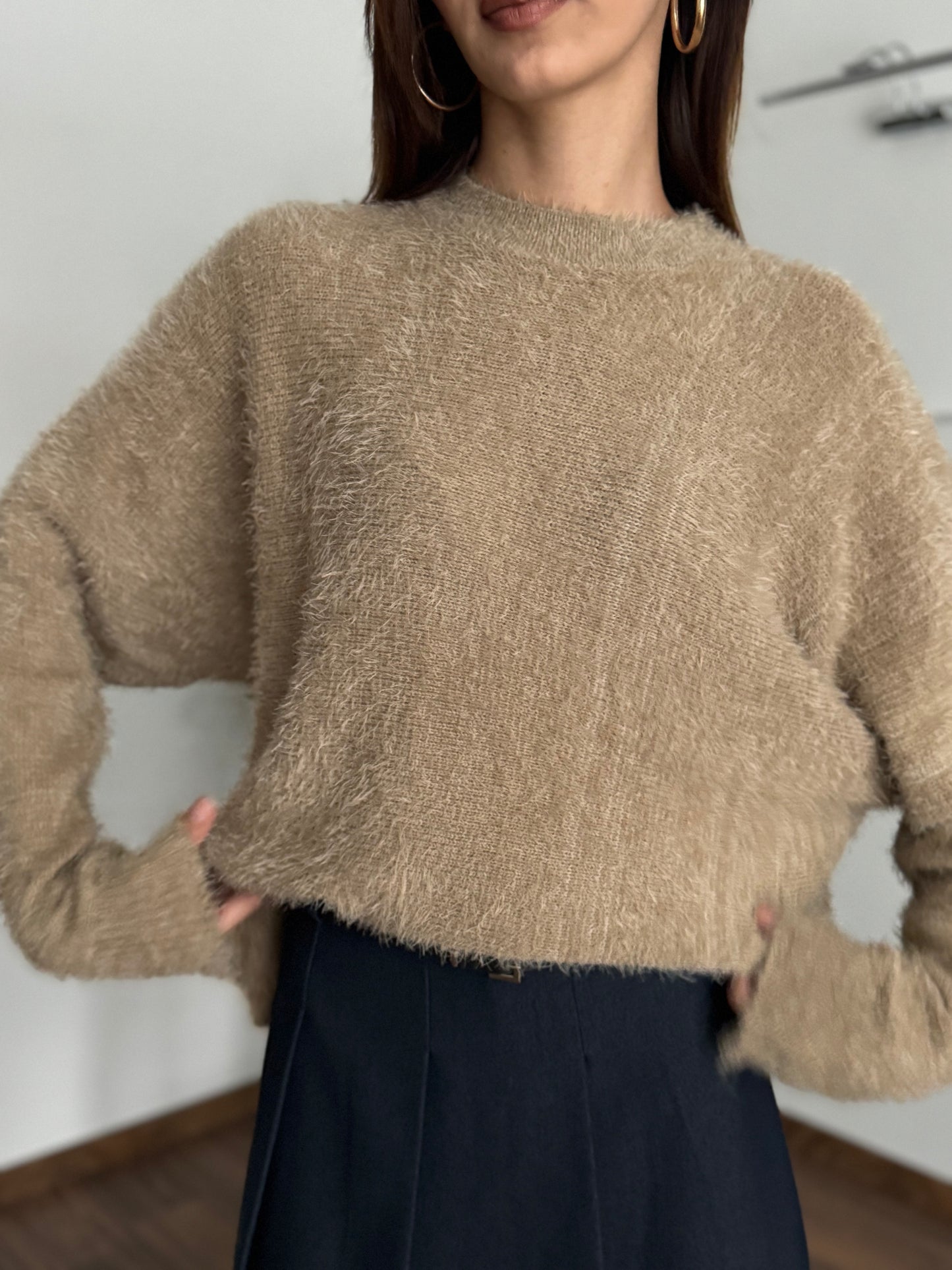 Sakallı Yarasa Kol Sütlü Kahve Kazak