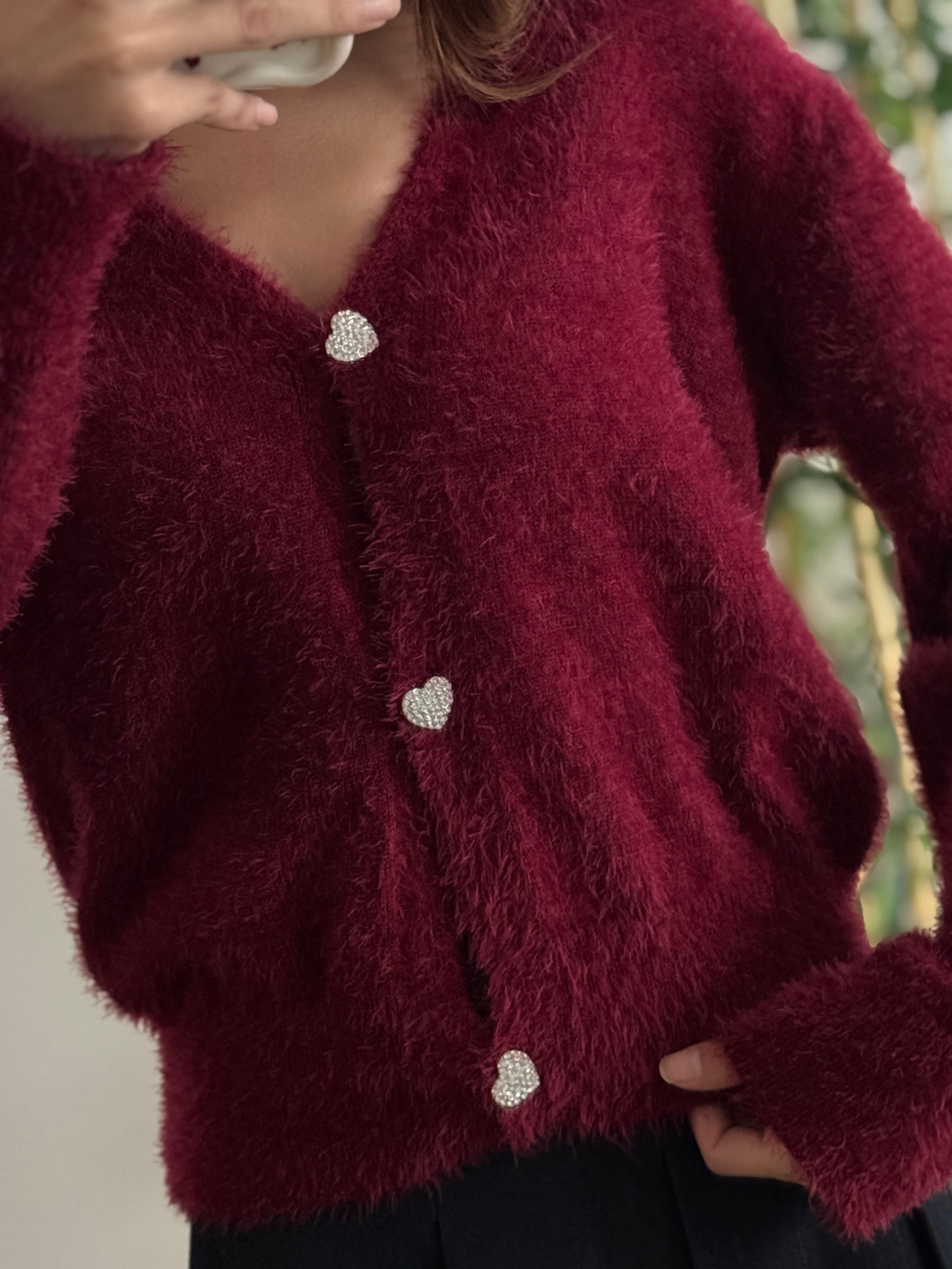 Taşlı Kalp Detay Düğmeli Bordo Hırka