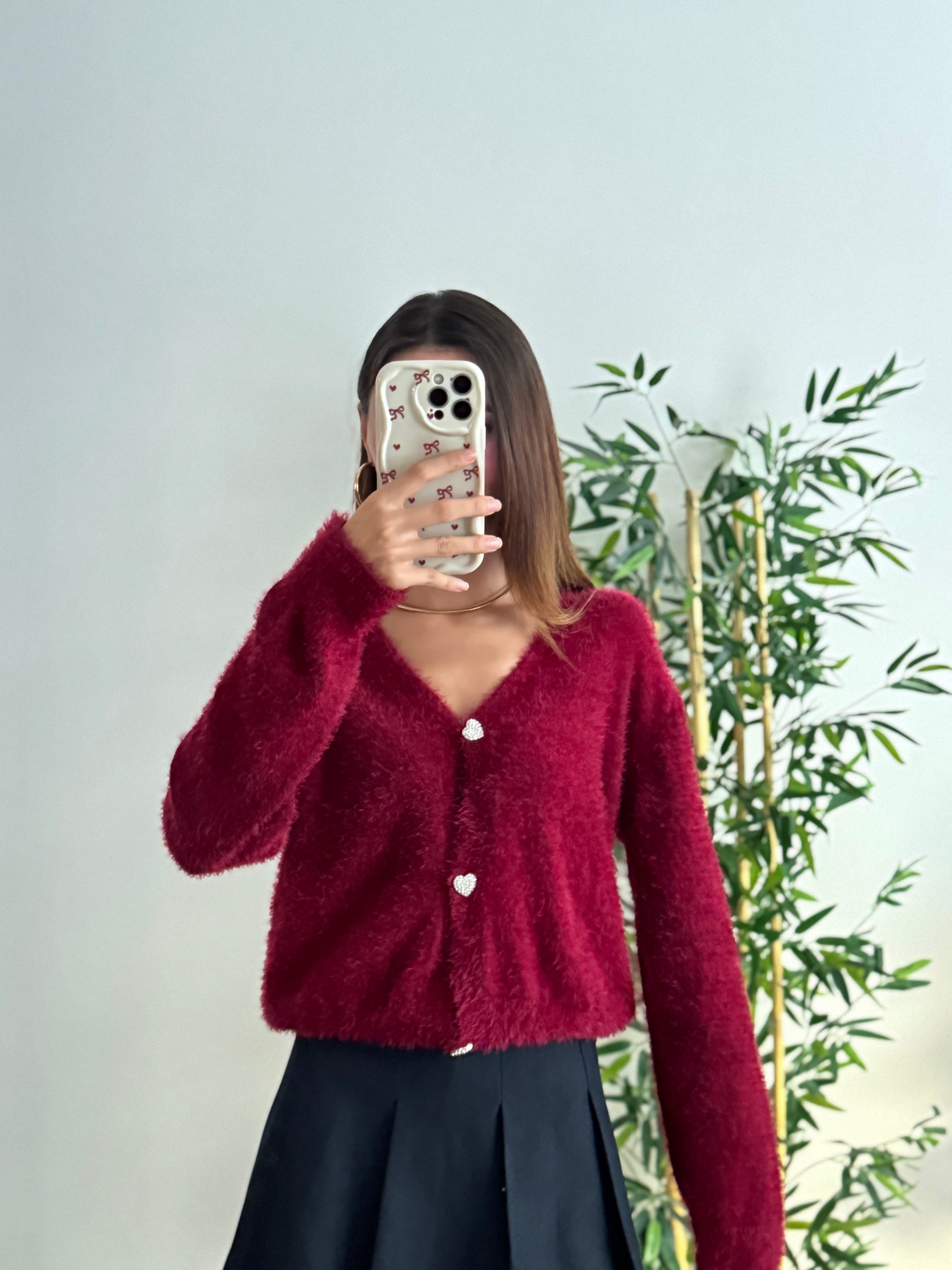 Taşlı Kalp Detay Düğmeli Bordo Hırka