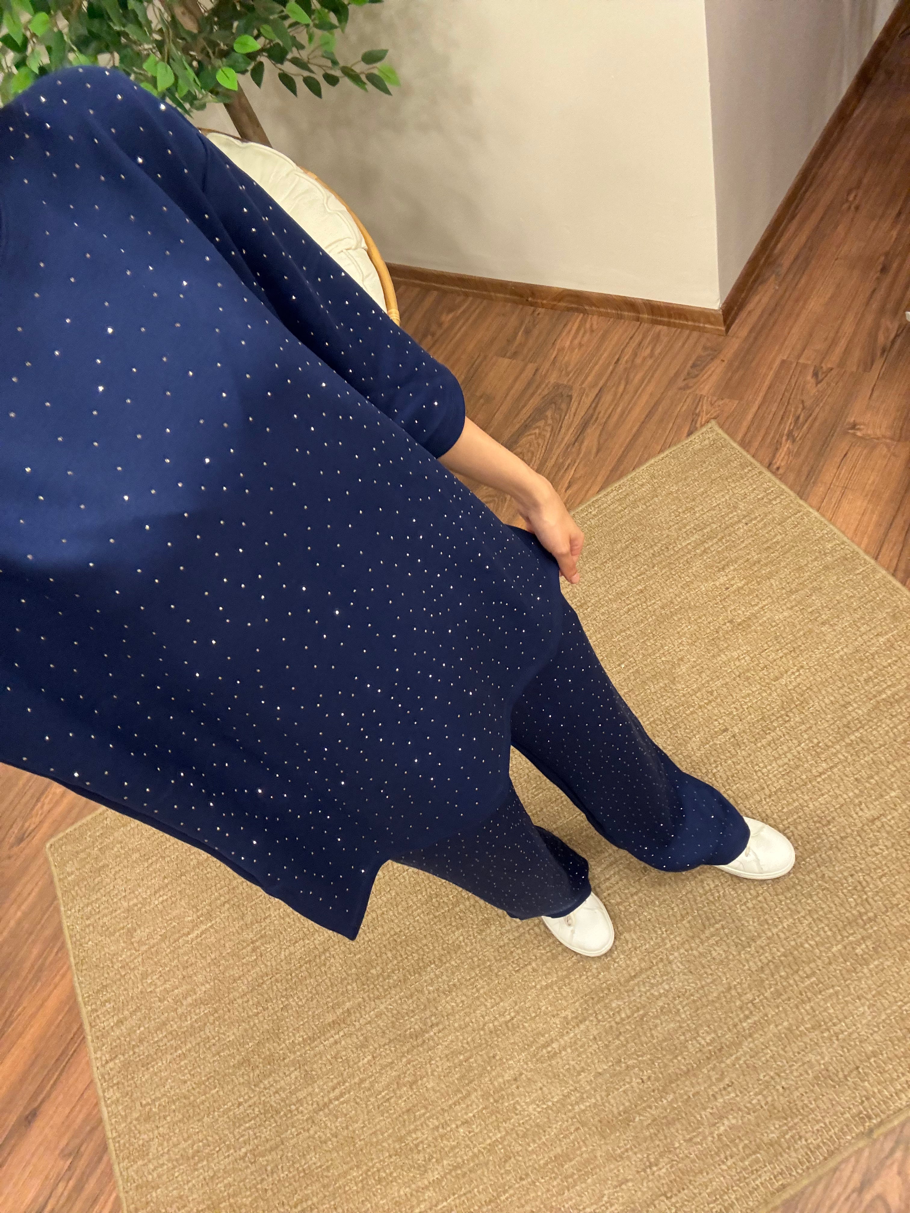 Oys Taş Baskı Lacivert Fakir Kol Bluz Pantolon Takım