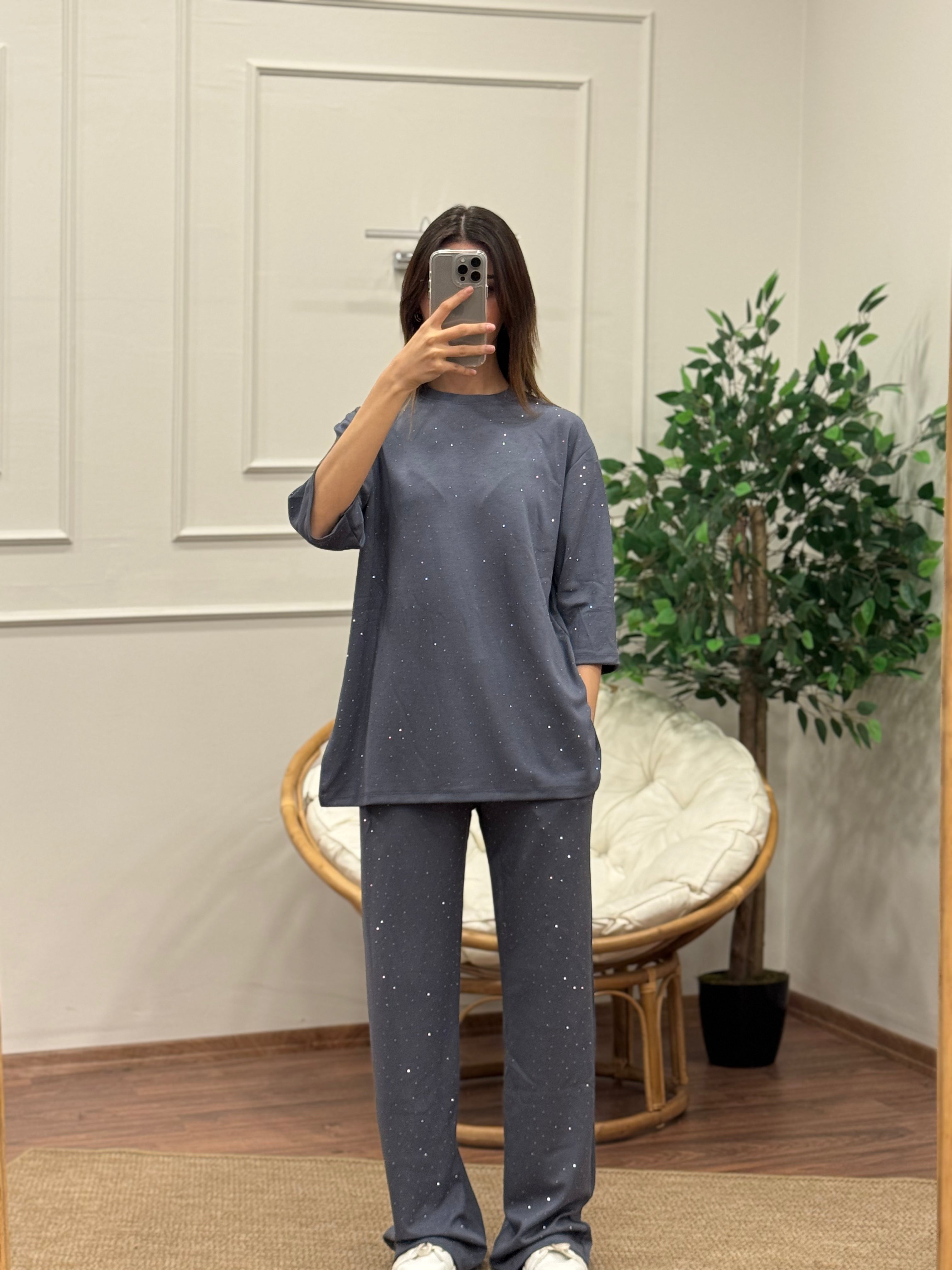 Oys Taş Baskı Antrasit/Gri Fakir Kol Bluz Pantolon Takım