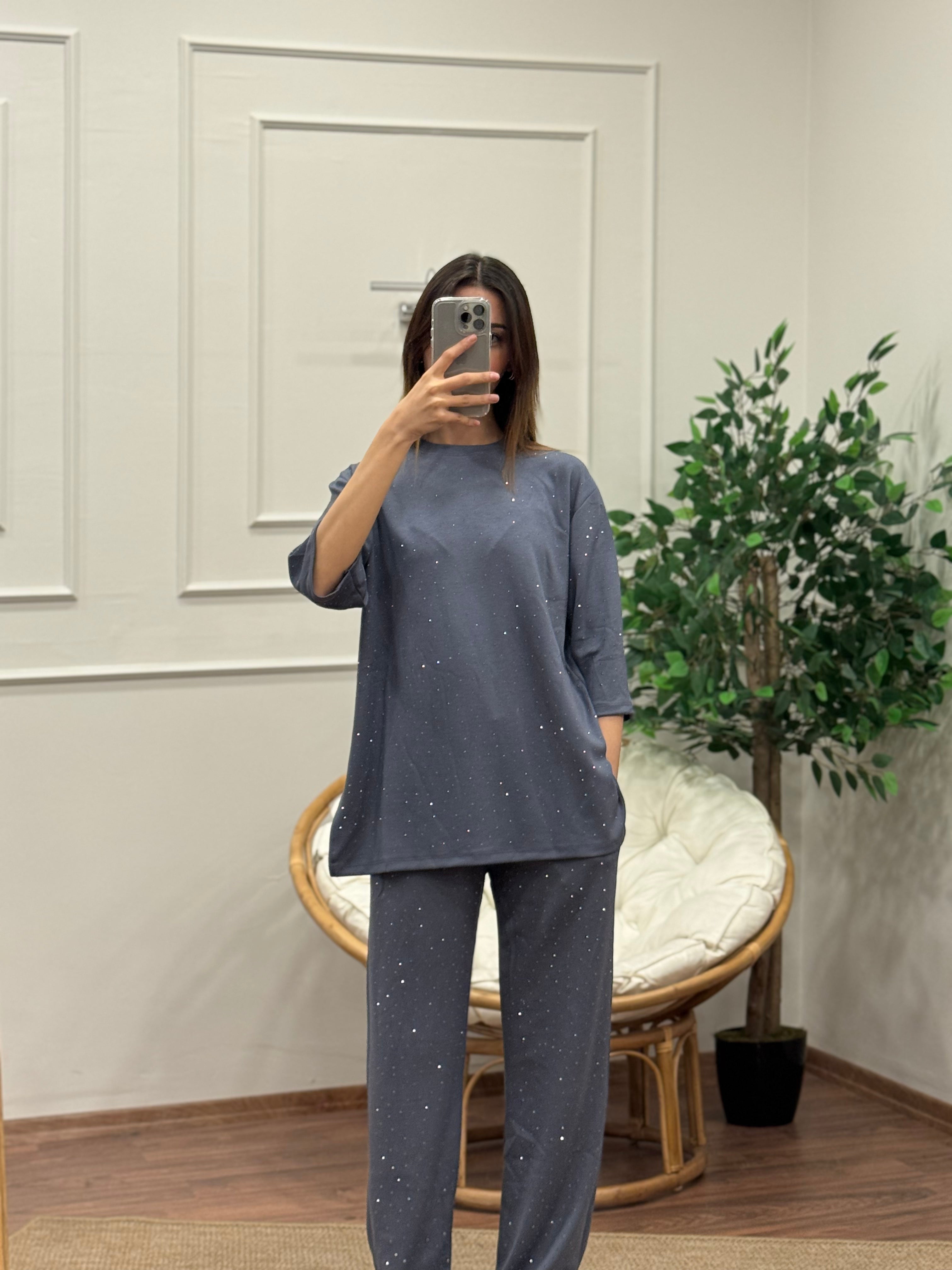 Oys Taş Baskı Antrasit/Gri Fakir Kol Bluz Pantolon Takım