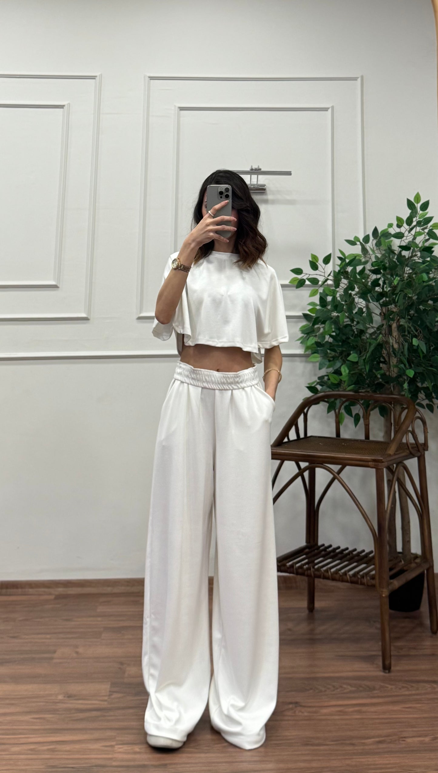 Leva Modal Crop Beyaz Takım