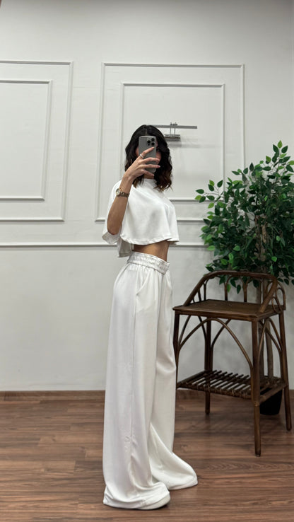 Leva Modal Crop Beyaz Takım