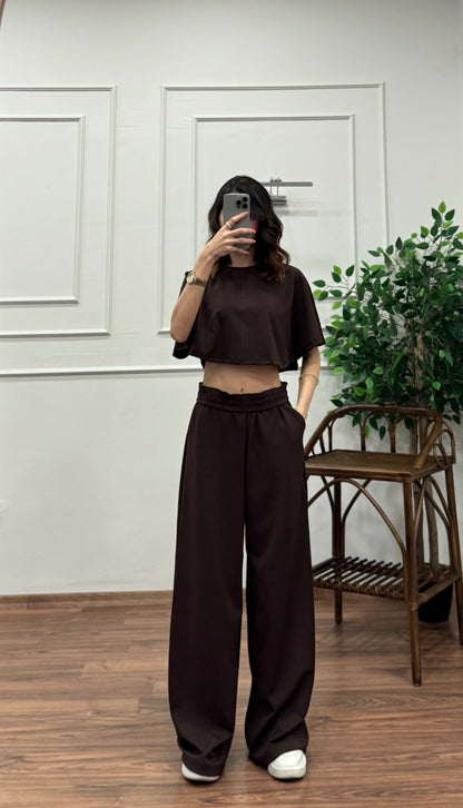 Leva Modal Crop Kahverengi Takım