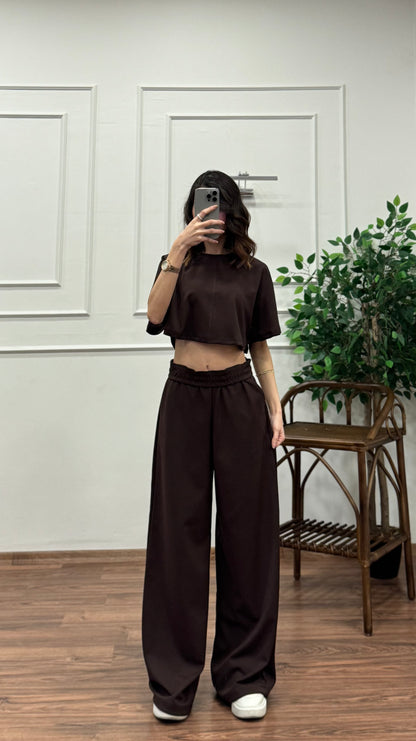 Leva Modal Crop Kahverengi Takım