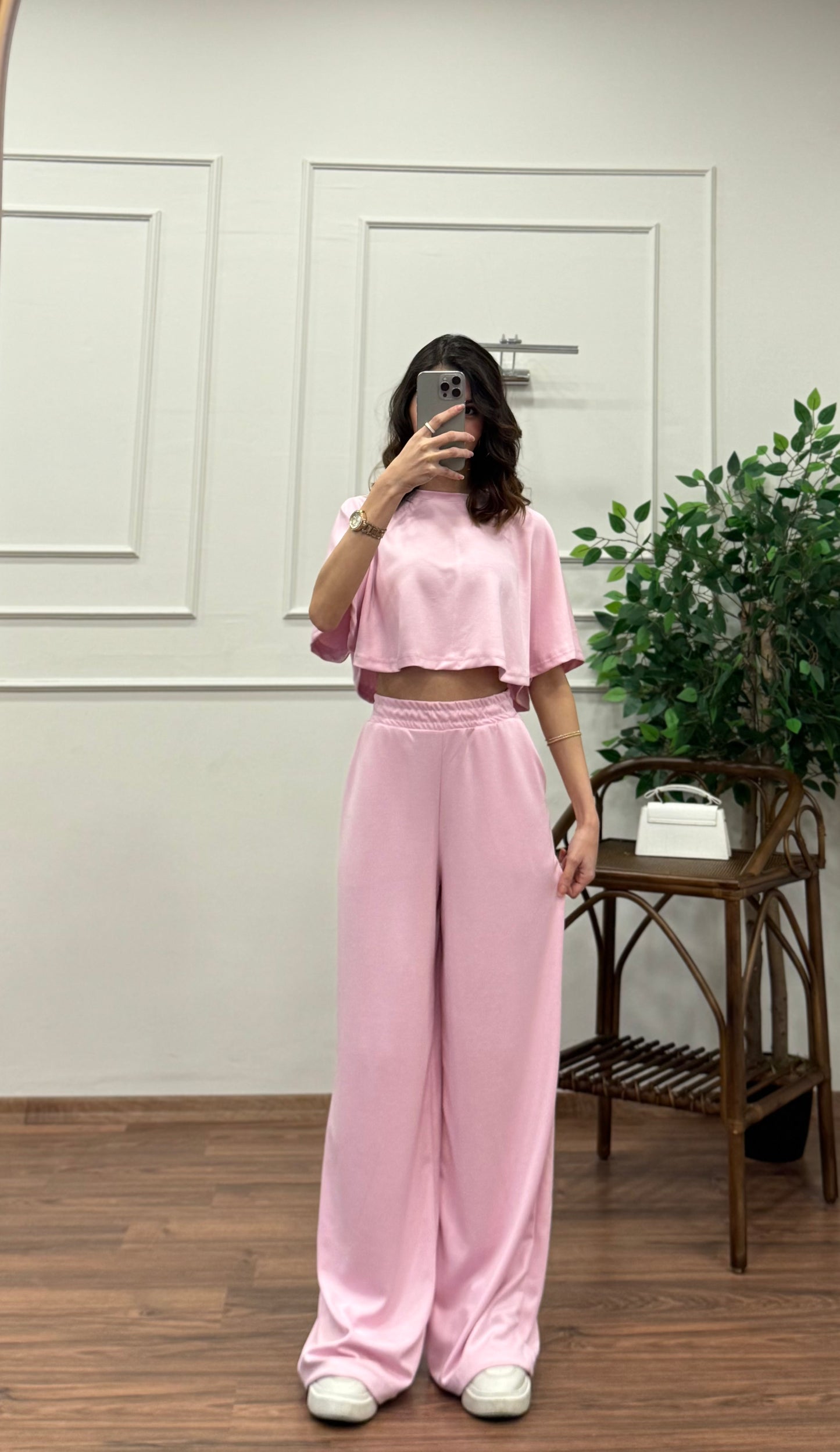 Leva Modal Crop Pembe Takım