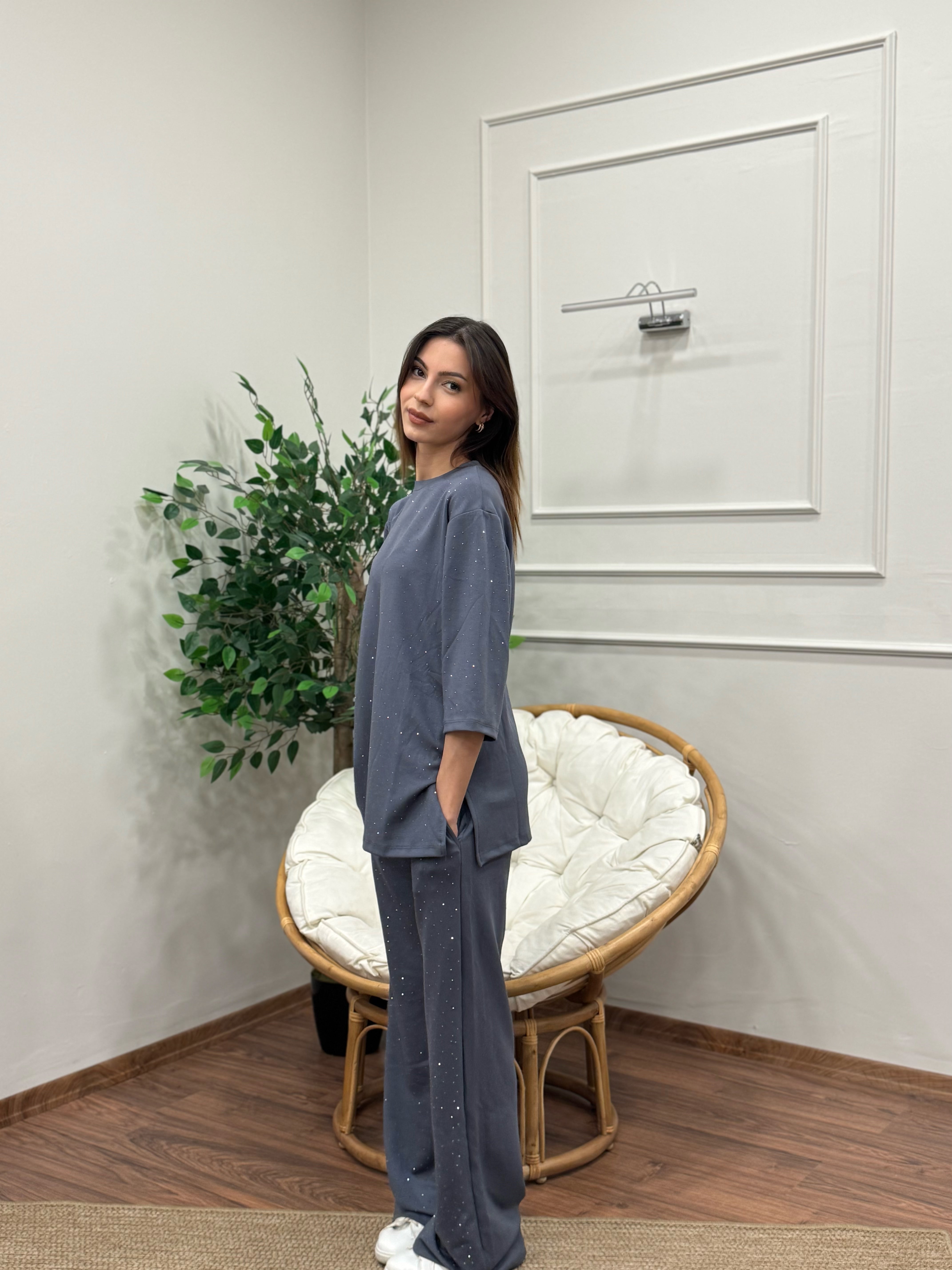 Oys Taş Baskı Antrasit/Gri Fakir Kol Bluz Pantolon Takım