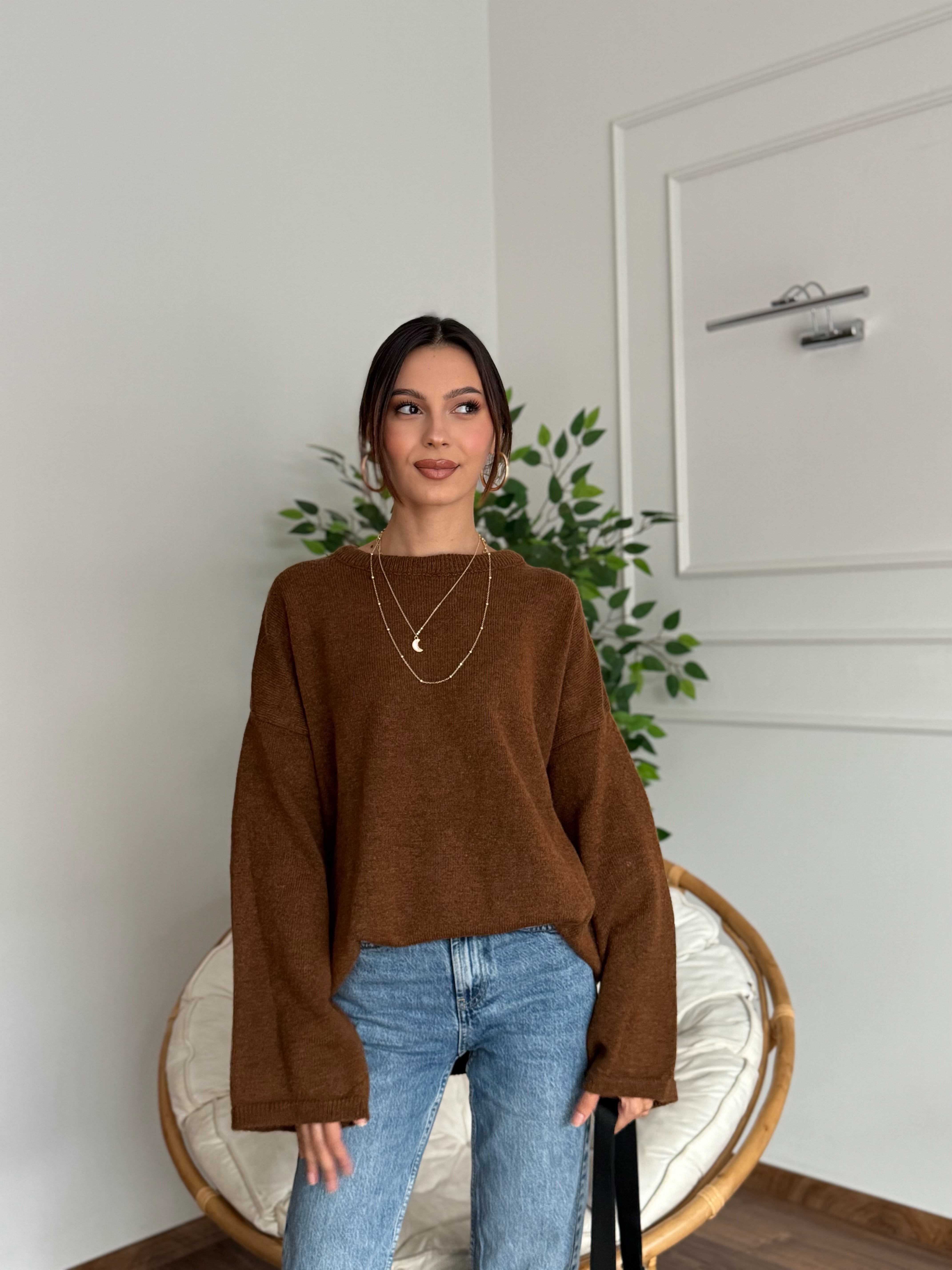 Oversize Bisiklet Yaka Pinterest Kahverengi Kazak