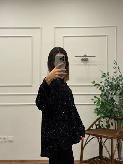 Luna Taş Baskı Siyah Bluz