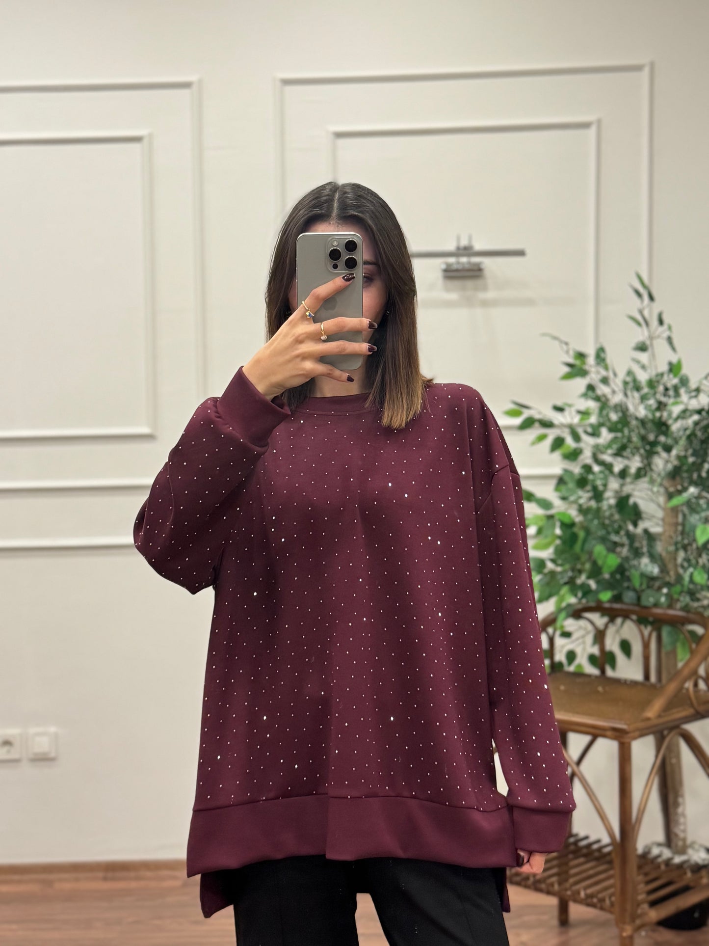 Luna Taş Baskı Bordo Bluz