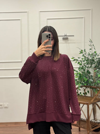 Luna Taş Baskı Bordo Bluz