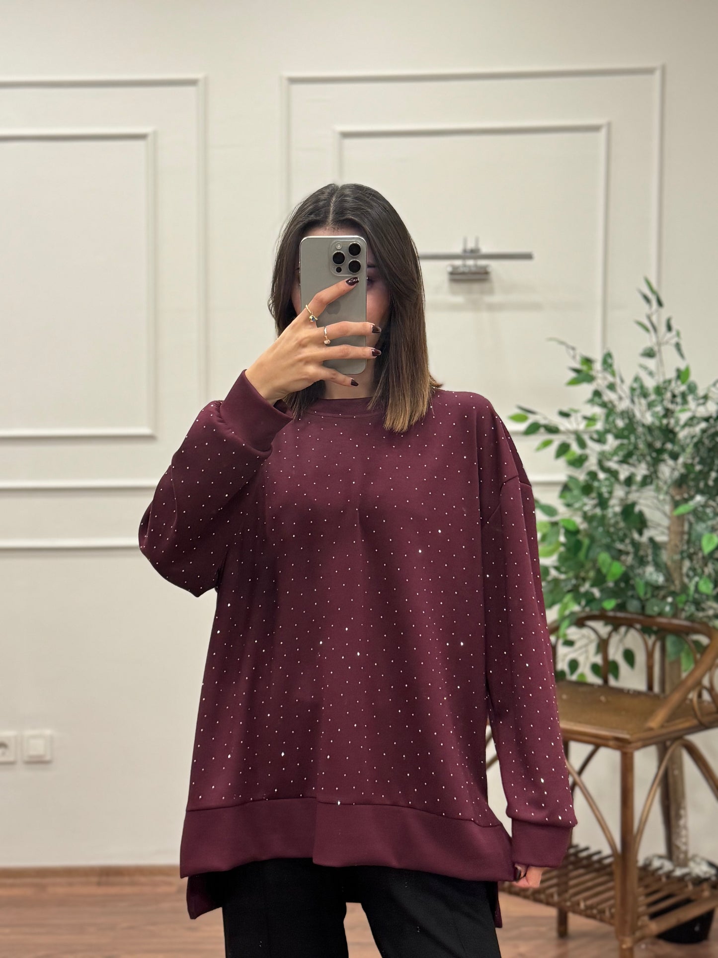 Luna Taş Baskı Bordo Bluz