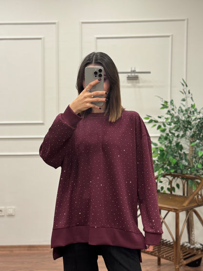 Luna Taş Baskı Bordo Bluz
