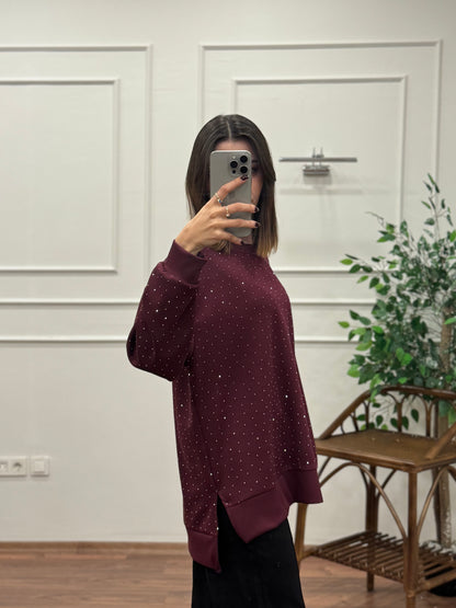 Luna Taş Baskı Bordo Bluz