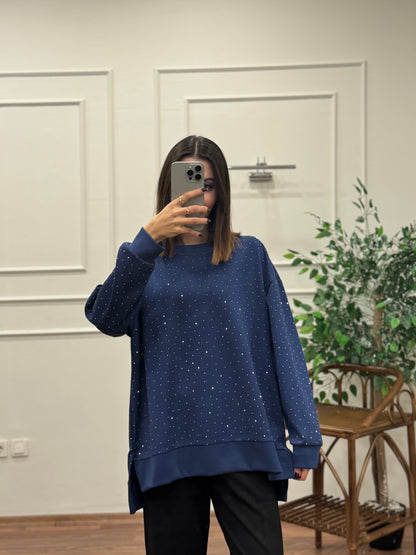 Luna Taş Baskı Lacivert Bluz