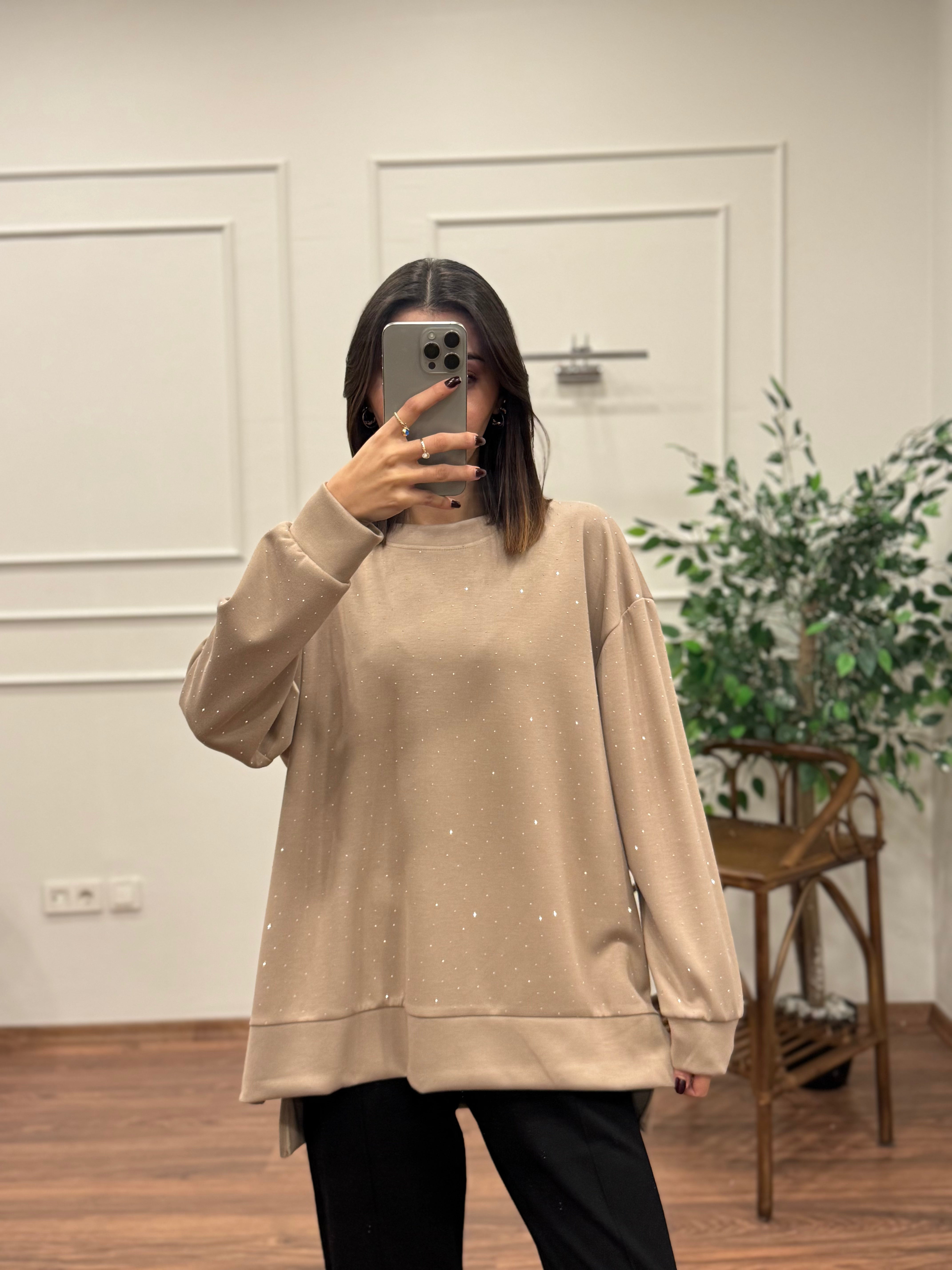 Luna Taş Baskı Bej Bluz