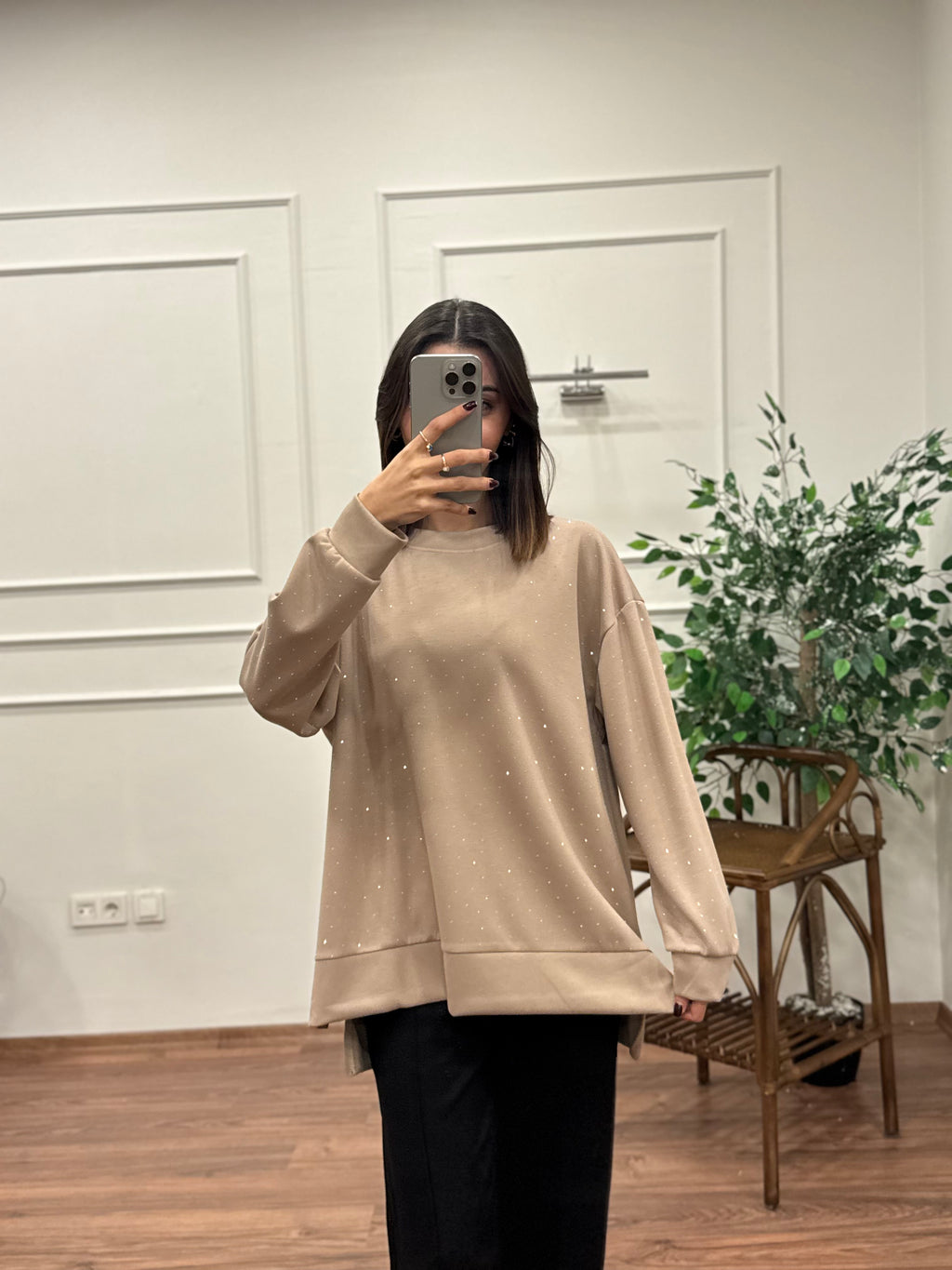 Luna Taş Baskı Bej Bluz