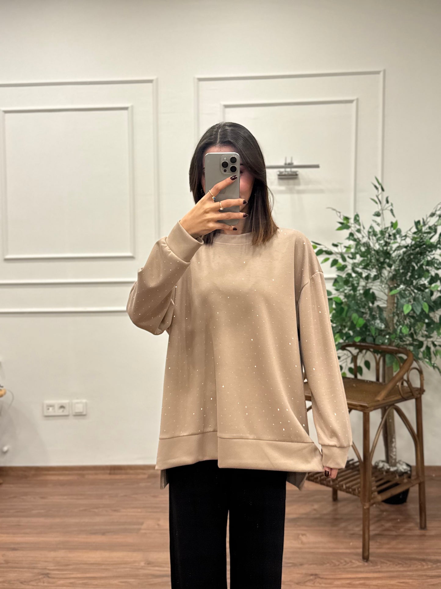 Luna Taş Baskı Bej Bluz