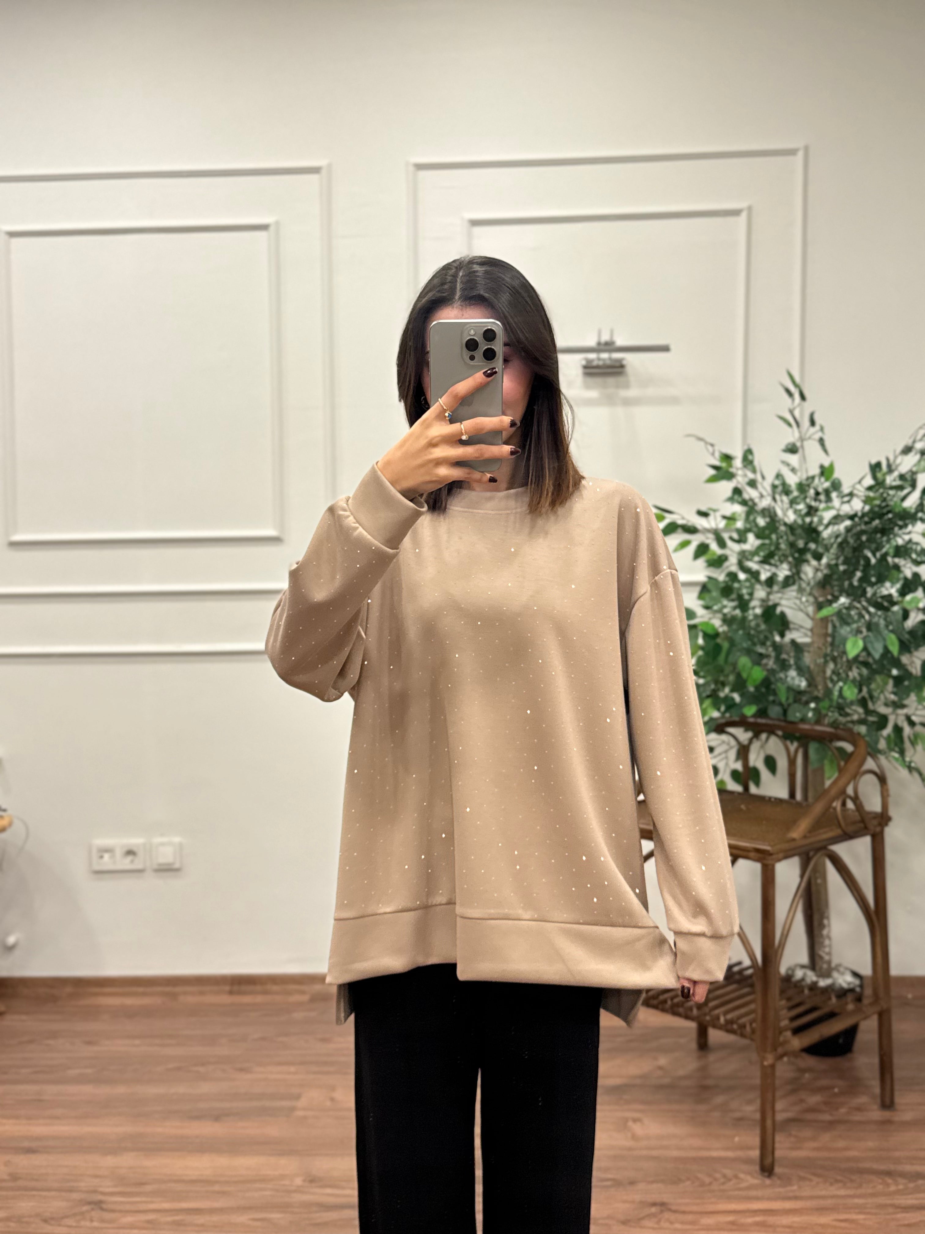 Luna Taş Baskı Bej Bluz