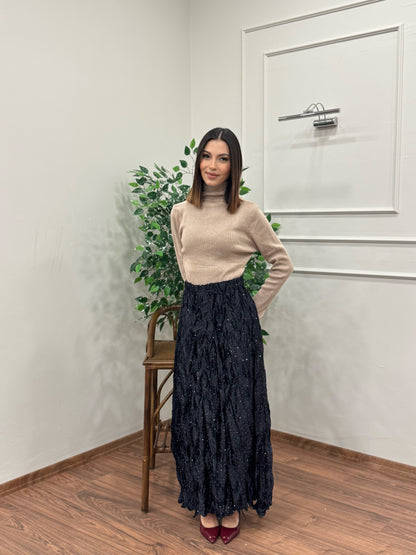 Taşlı Saten Kraş Siyah Etek