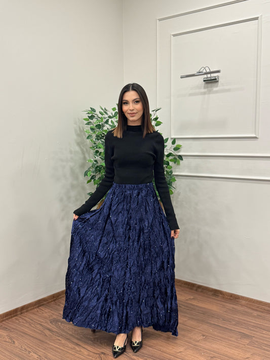 Taşlı Saten Kraş Lacivert Etek