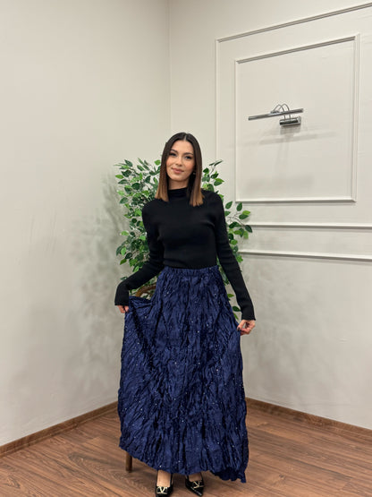 Taşlı Saten Kraş Lacivert Etek