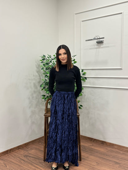 Taşlı Saten Kraş Lacivert Etek