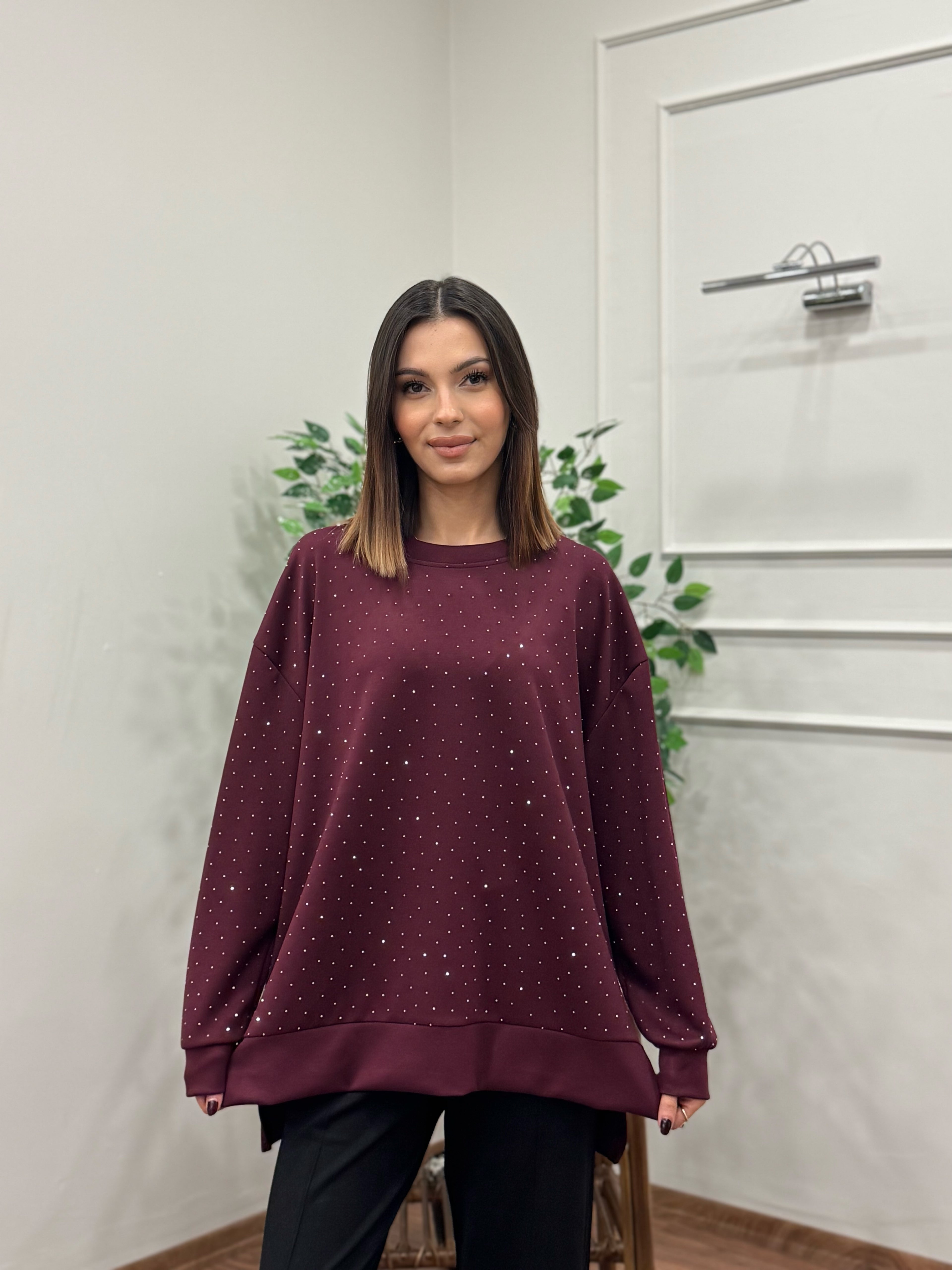 Luna Taş Baskı Bordo Bluz