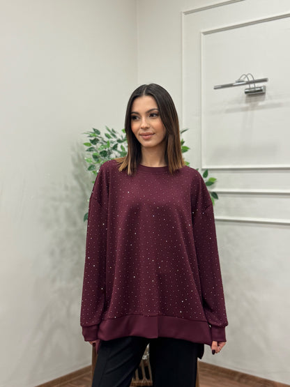 Luna Taş Baskı Bordo Bluz