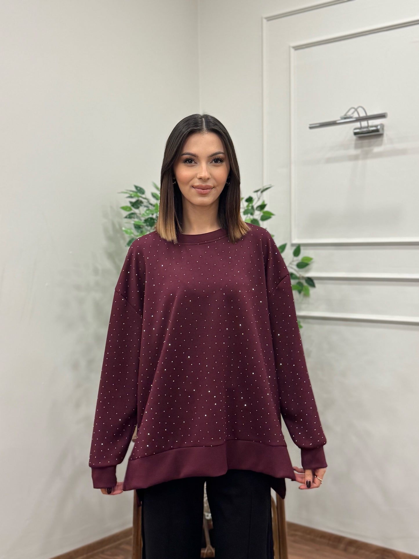 Luna Taş Baskı Bordo Bluz
