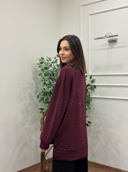 Luna Taş Baskı Bordo Bluz