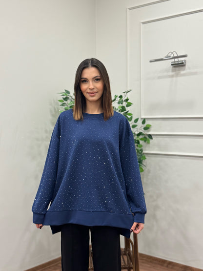 Luna Taş Baskı Lacivert Bluz