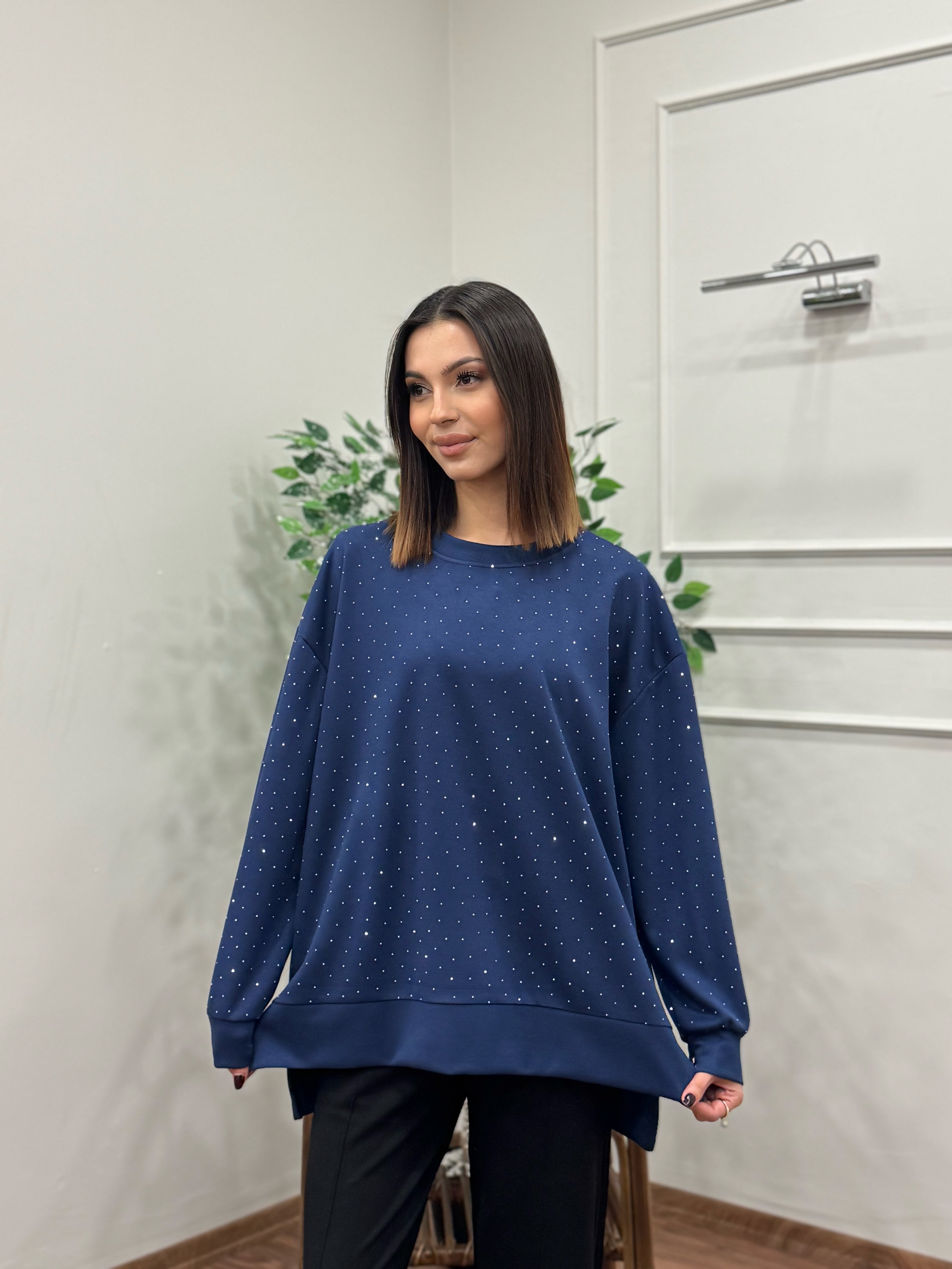 Luna Taş Baskı Lacivert Bluz