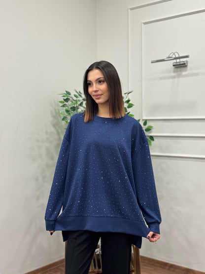 Luna Taş Baskı Lacivert Bluz